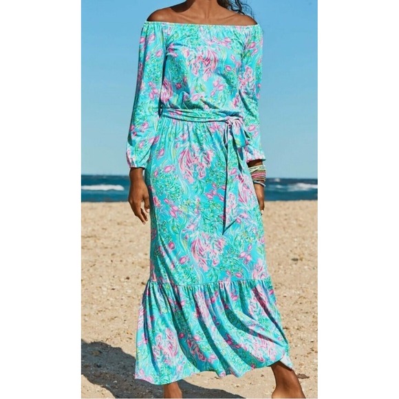 Lilly Pulitzer Dresses & Skirts - Lilly‎ Pulitzer Odella  Maxi Dress Off Shoulder best fishes  Belted Size S NWTs